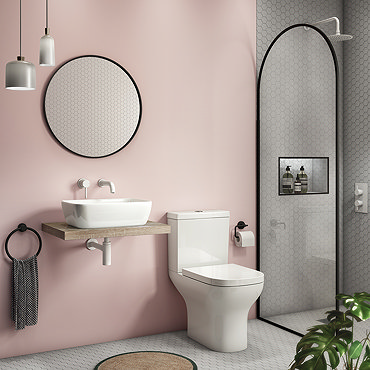 Venice Cloakroom Suite (465mm Countertop Basin, Oak Effect Floating Shelf + Toilet)  Profile Large I