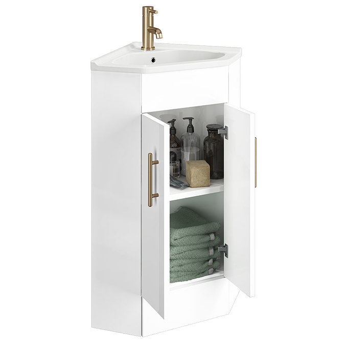 Venice Corner Gloss White Cabinet Vanity Unit with Brushed Brass Handles  Feature Large Image
