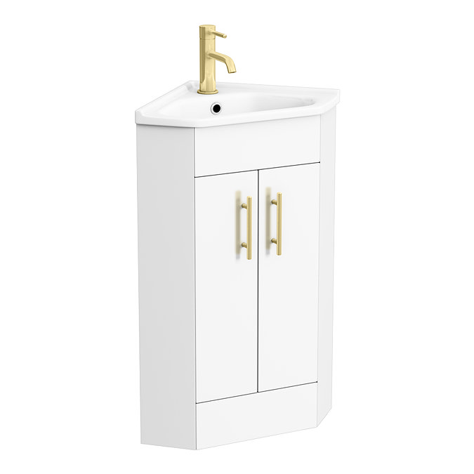 Venice Corner Vanity Unit - Gloss White - 590mm with Brushed Brass Handles Large Image