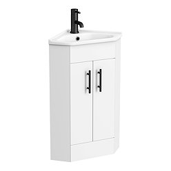 Venice Corner Vanity Unit - Gloss White - 590mm with Black Handles Large Image