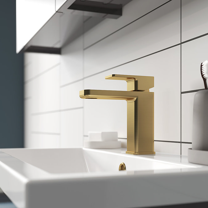 Venice Cubo Brushed Brass Mono Basin Mixer with Push Button Waste  Profile Large Image