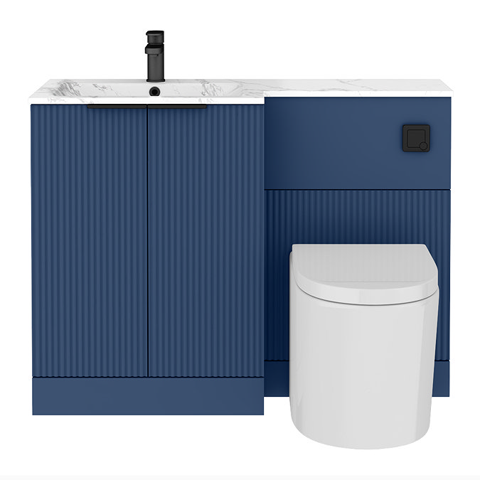 Venice Fluted 1100 Blue Bathroom Combination Suite Unit with Carrera Marble Basin - Matt Black Handles & Flush, Round Pan