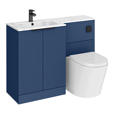 Venice Fluted 1100 Blue Bathroom Combination Suite Unit with Carrera Marble Basin - Matt Black Handles & Flush, Round Pan