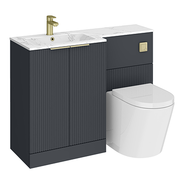 Venice Fluted 1100mm Anthracite Combination Unit with Carrera Marble Basin - Brushed Brass Handles & Flush, Round Pan