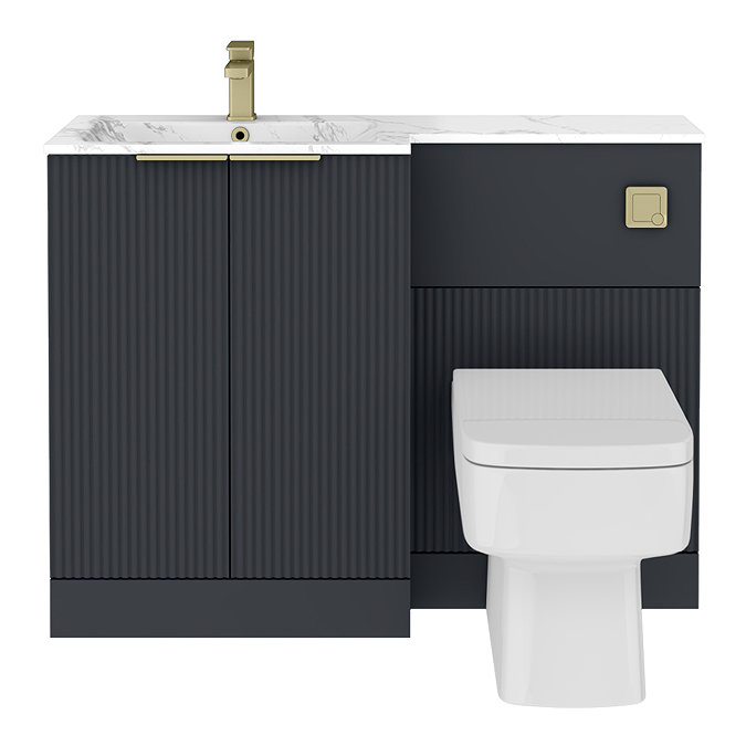 Venice Fluted 1100mm Anthracite Combination Unit with Carrera Marble Basin - Brushed Brass Handles & Flush, Square Pan