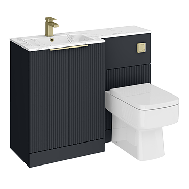 Venice Fluted 1100mm Anthracite Combination Unit with Carrera Marble Basin - Brushed Brass Handles & Flush, Square Pan