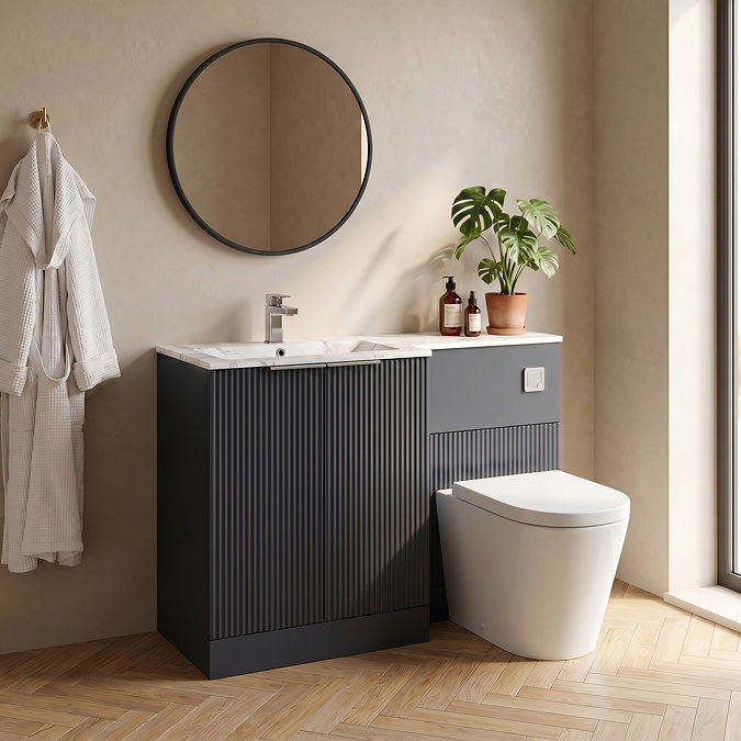 Venice Fluted 1100mm Anthracite Combination Unit with Carrera Marble Basin, Round Pan & Chrome Flush