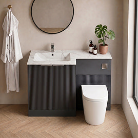 Venice Fluted 1100mm Anthracite Combination Unit with Carrera Marble Basin, Round Pan & Chrome Flush