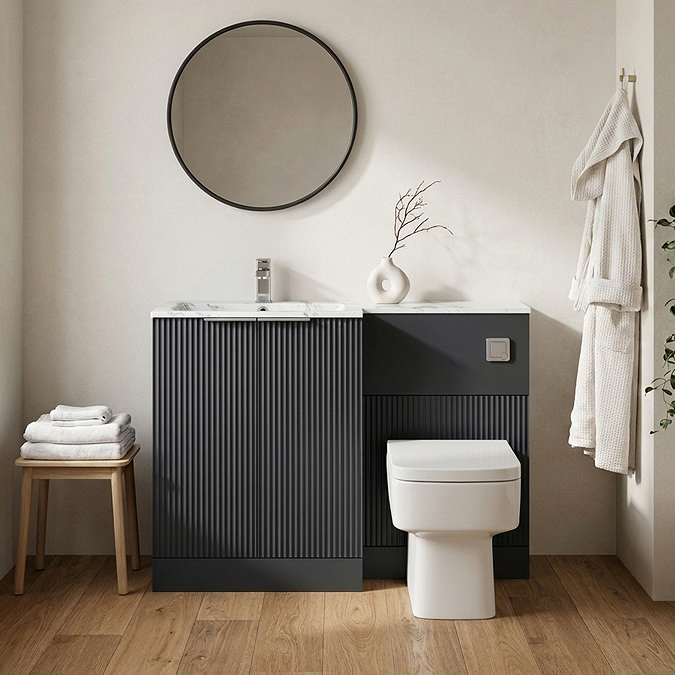Venice Fluted 1100mm Anthracite Combination Unit with Carrera Marble Basin, Square Pan & Chrome Flush