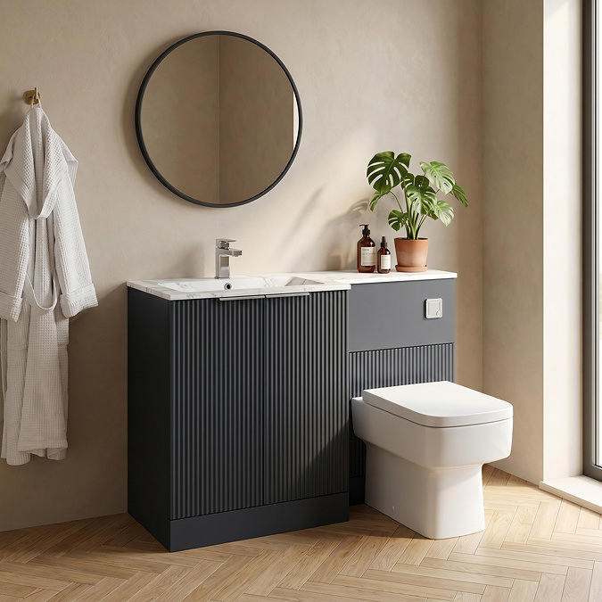 Venice Fluted 1100mm Anthracite Combination Unit with Carrera Marble Basin, Square Pan & Chrome Flush