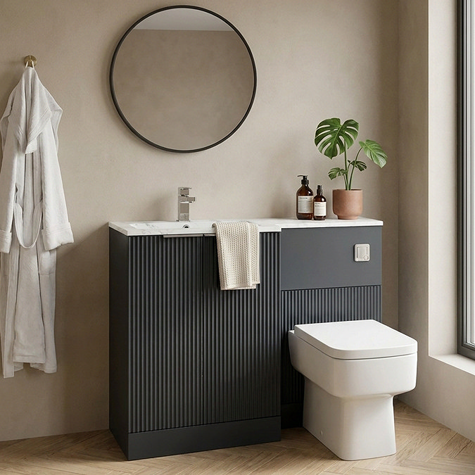 Venice Fluted 1100mm Anthracite Combination Unit with Carrera Marble Basin, Square Pan & Chrome Flush