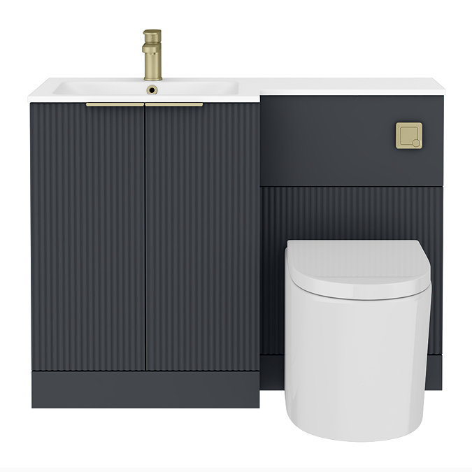 Venice Fluted 1100mm Anthracite Combination Unit with Matt White Basin - Brushed Brass Handles & Flush, Round Pan