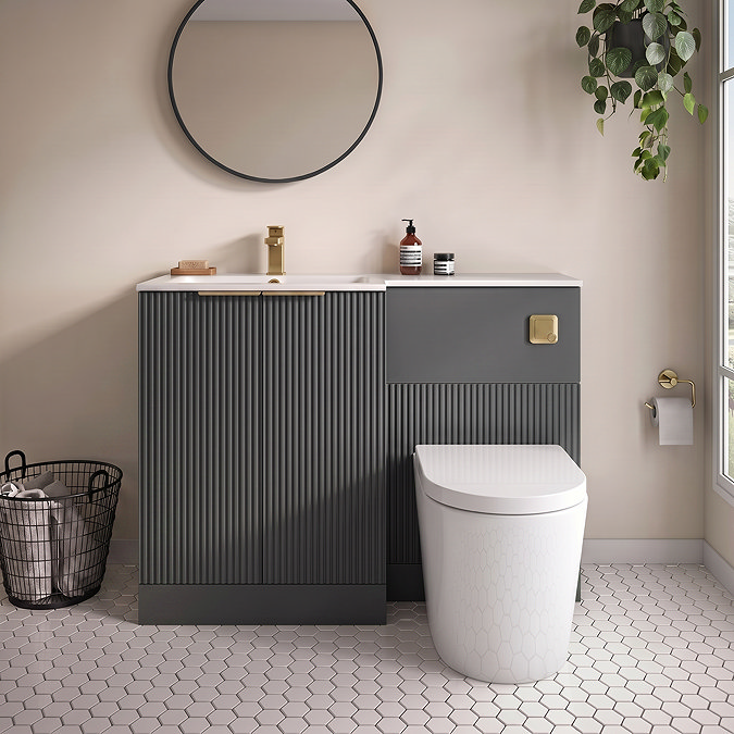 Venice Fluted 1100mm Anthracite Combination Unit with Matt White Basin - Brushed Brass Handles & Flush, Round Pan