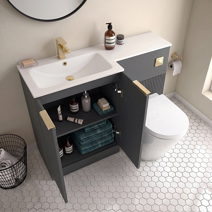 Venice Fluted 1100mm Anthracite Combination Unit with Matt White Basin - Brushed Brass Handles & Flush, Round Pan