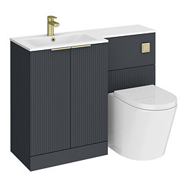 Venice Fluted 1100mm Anthracite Combination Unit with Matt White Basin - Brushed Brass Handles & Flush, Round Pan