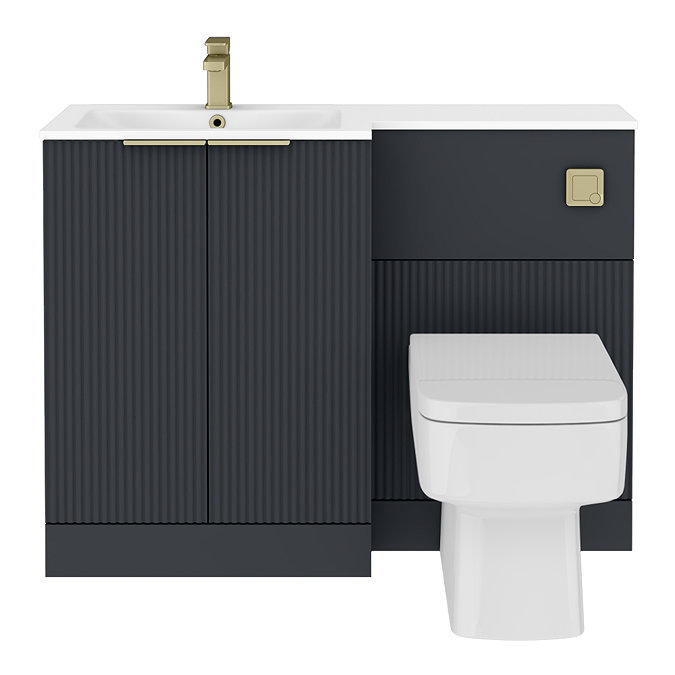 Venice Fluted 1100mm Anthracite Combination Unit with Matt White Stone Basin - Brushed Brass Handles & Flush, Square Pan