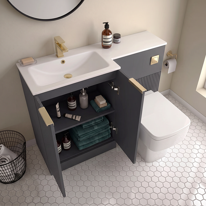 Venice Fluted 1100mm Anthracite Combination Unit with Matt White Stone Basin - Brushed Brass Handles & Flush, Square Pan