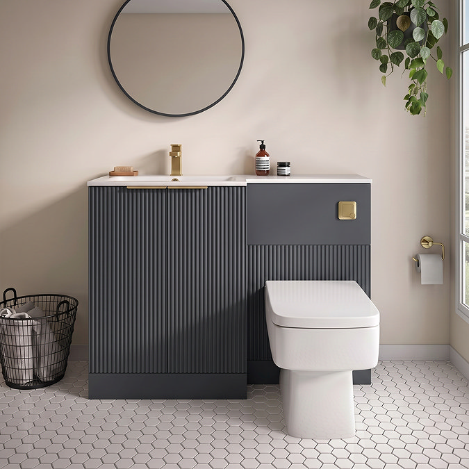 Venice Fluted 1100mm Anthracite Combination Unit with Matt White Stone Basin - Brushed Brass Handles & Flush, Square Pan