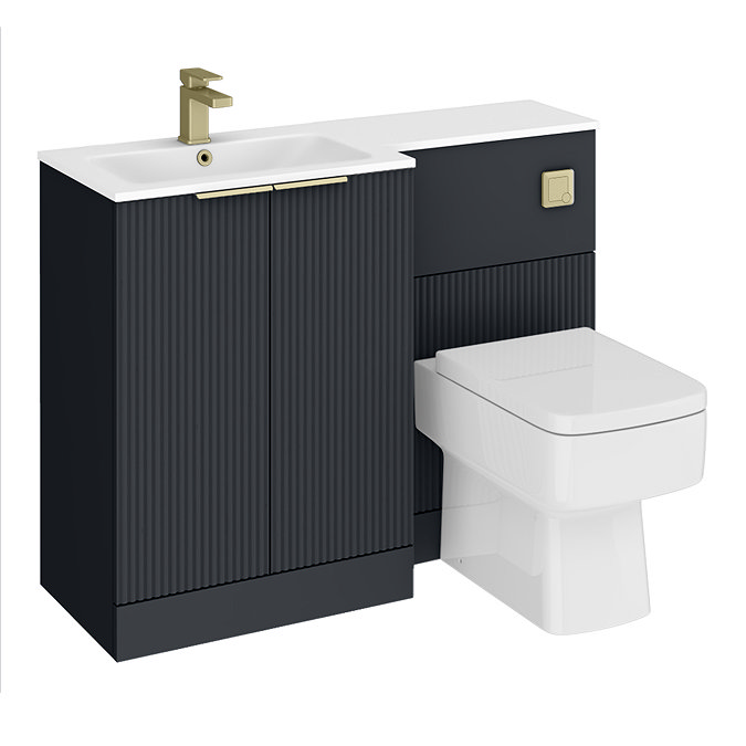 Venice Fluted 1100mm Anthracite Combination Unit with Matt White Stone Basin - Brushed Brass Handles & Flush, Square Pan