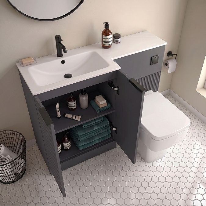 Venice Fluted 1100mm Anthracite Combination Unit with Matt White Stone Basin - Matt Black Handles & Flush, Square Pan