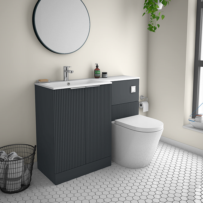 Venice Fluted 1100mm Anthracite Combination Unit with Matt White Stone Basin, Round Pan & Chrome Flush