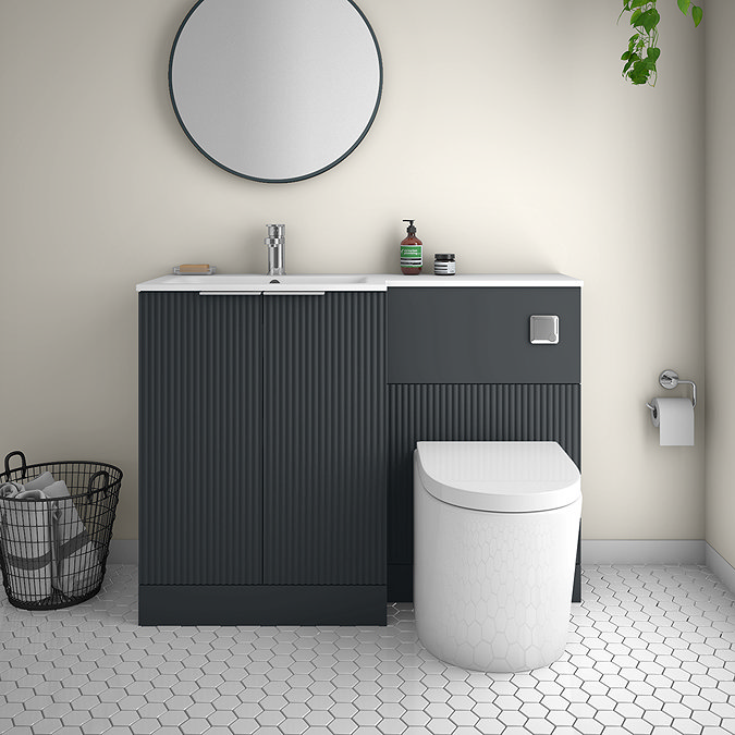Venice Fluted 1100mm Anthracite Combination Unit with Matt White Stone Basin, Round Pan & Chrome Flush