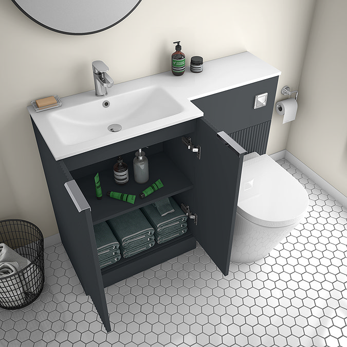 Venice Fluted 1100mm Anthracite Combination Unit with Matt White Stone Basin, Round Pan & Chrome Flush