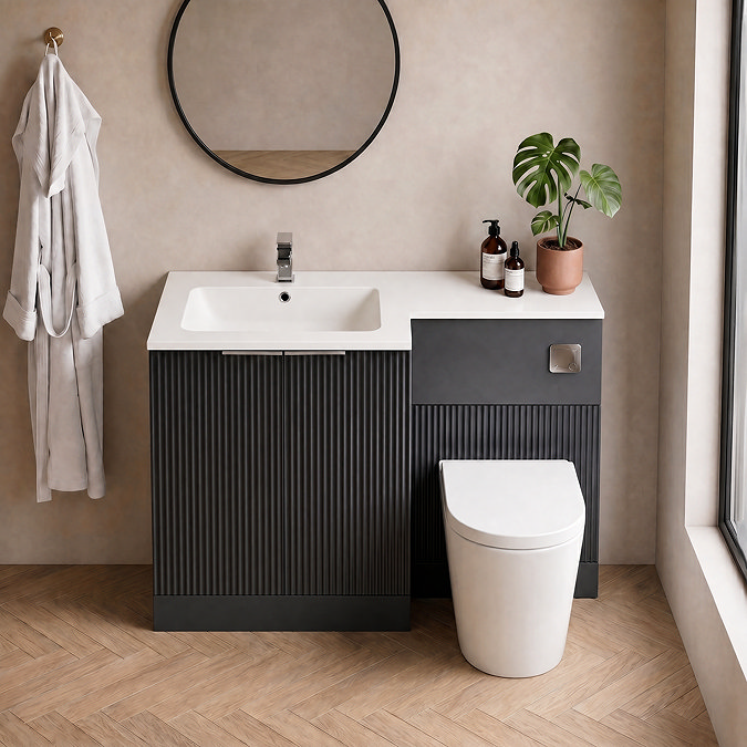 Venice Fluted 1100mm Anthracite Combination Unit with Matt White Stone Basin, Round Pan & Chrome Flush