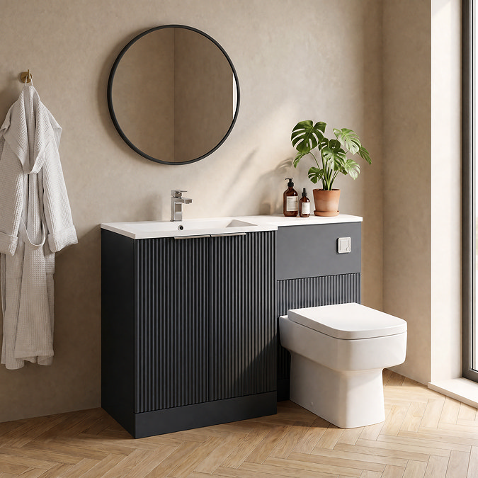 Venice Fluted 1100mm Anthracite Combination Unit with Matt White Stone Basin, Square Pan & Chrome Flush