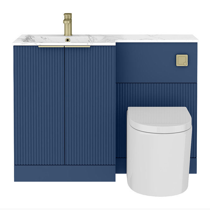 Venice Fluted 1100mm Blue Combination Unit with Carrera Marble Basin - Brushed Brass Handles & Flush, Round Pan