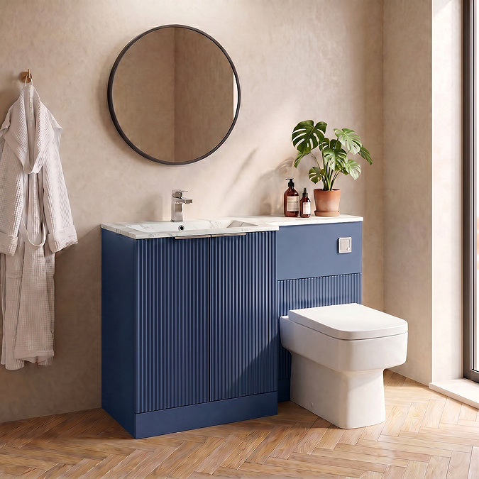 Venice Fluted 1100mm Blue Combination Unit with Carrera Marble Basin, Square Pan & Chrome Flush