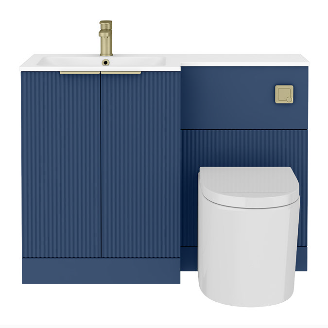 Venice Fluted 1100mm Blue Combination Unit with Matt White Basin - Brushed Brass Handles & Flush, Round Pan