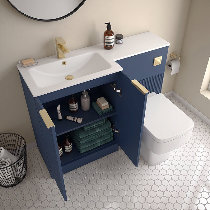 Venice Fluted 1100mm Blue Combination Unit with Matt White Stone Basin - Brushed Brass Handles & Flush, Square Pan