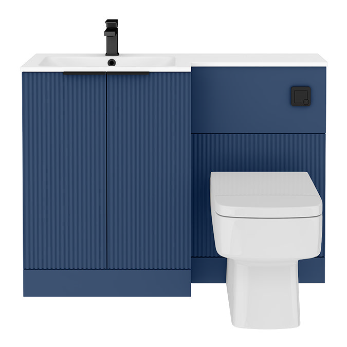 Venice Fluted 1100mm Blue Combination Unit with Matt White Stone Basin - Matt Black Handles & Flush, Square Pan