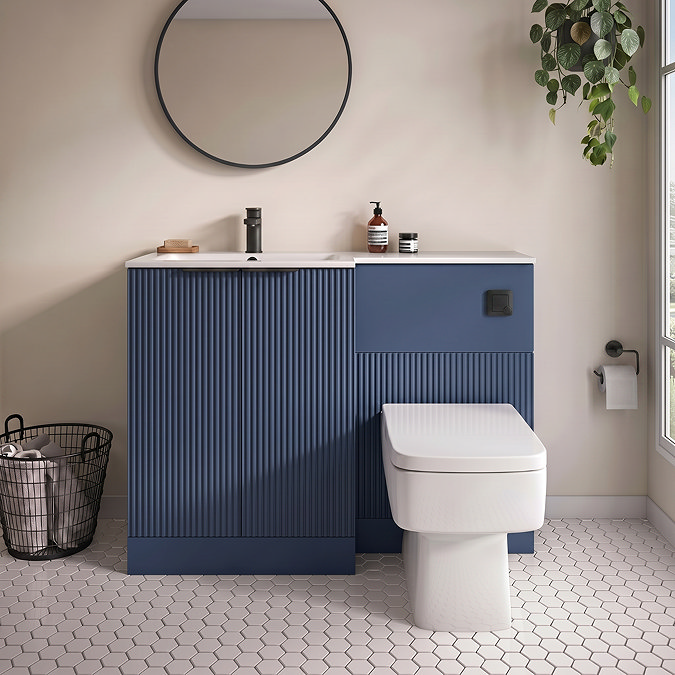 Venice Fluted 1100mm Blue Combination Unit with Matt White Stone Basin - Matt Black Handles & Flush, Square Pan