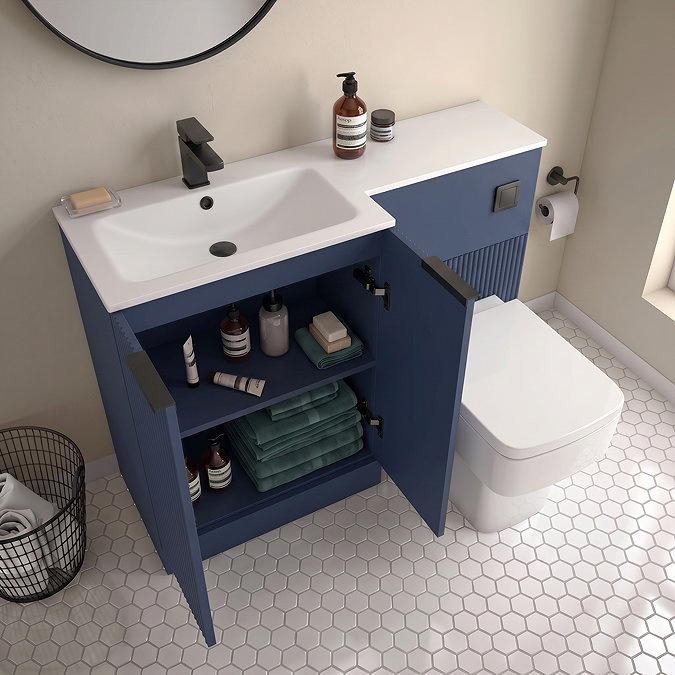 Venice Fluted 1100mm Blue Combination Unit with Matt White Stone Basin - Matt Black Handles & Flush, Square Pan