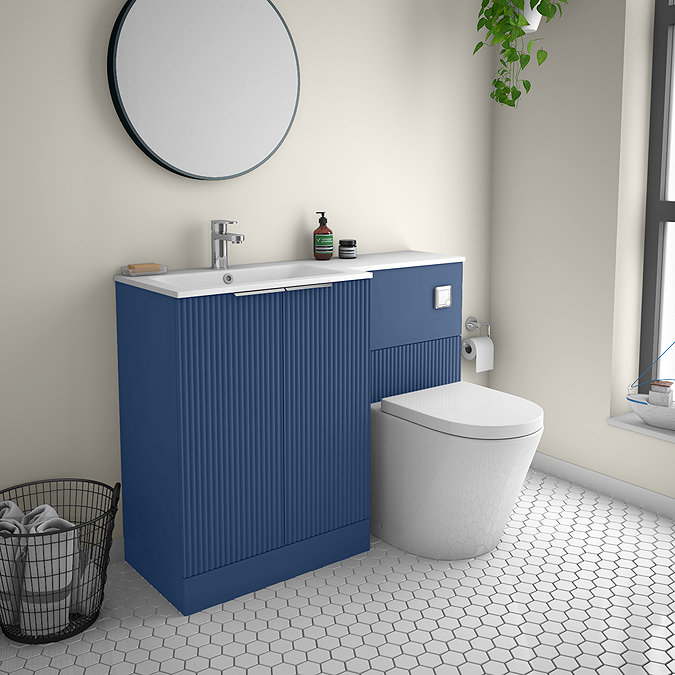 Venice Fluted 1100mm Blue Combination Unit with Matt White Stone Basin, Round Pan & Chrome Flush