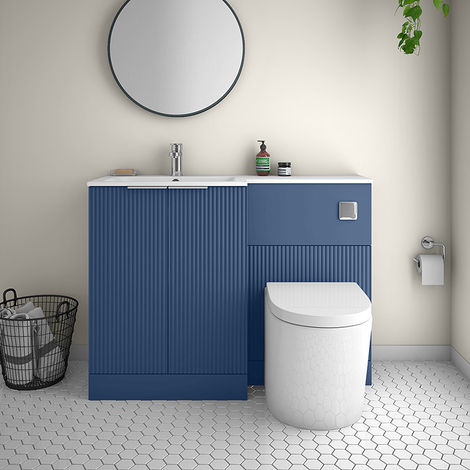 Venice Fluted 1100mm Blue Combination Unit with Matt White Stone Basin, Round Pan & Chrome Flush