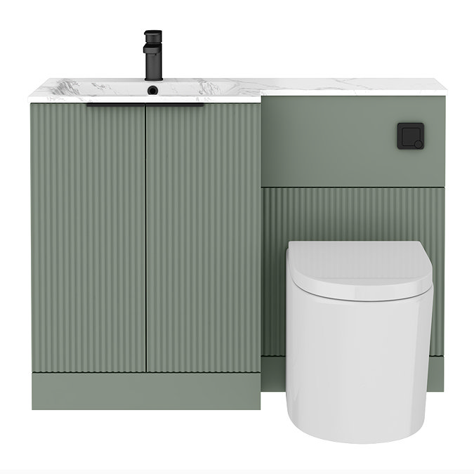 Venice Fluted 1100mm Green Combination Unit with Carrera Marble Basin - Black Handles & Flush, Round Pan
