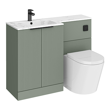 Venice Fluted 1100mm Green Combination Unit with Carrera Marble Basin - Black Handles & Flush, Round Pan