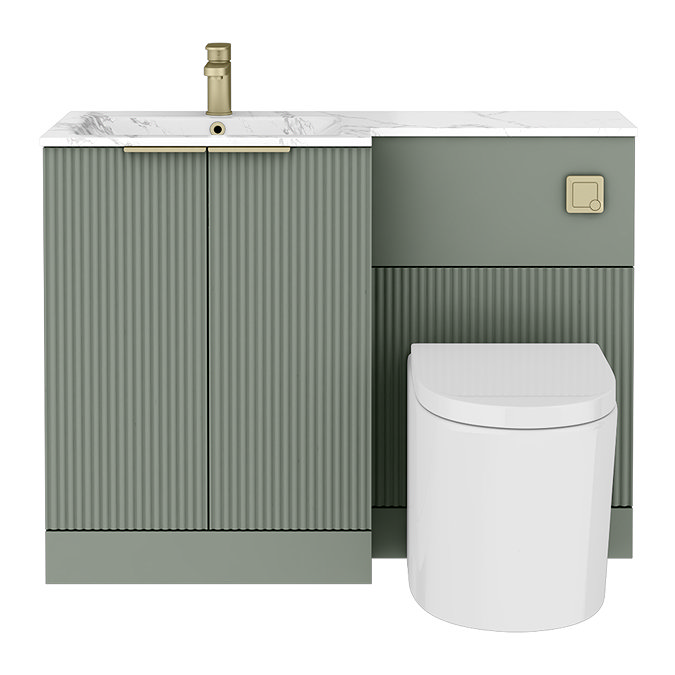 Venice Fluted 1100mm Green Combination Unit with Carrera Marble Basin - Brushed Brass Handles & Flush, Round Pan