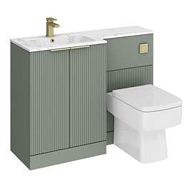 Venice Fluted 1100mm Green Combination Unit with Carrera Marble Basin - Brushed Brass Handles & Flush, Square Pan