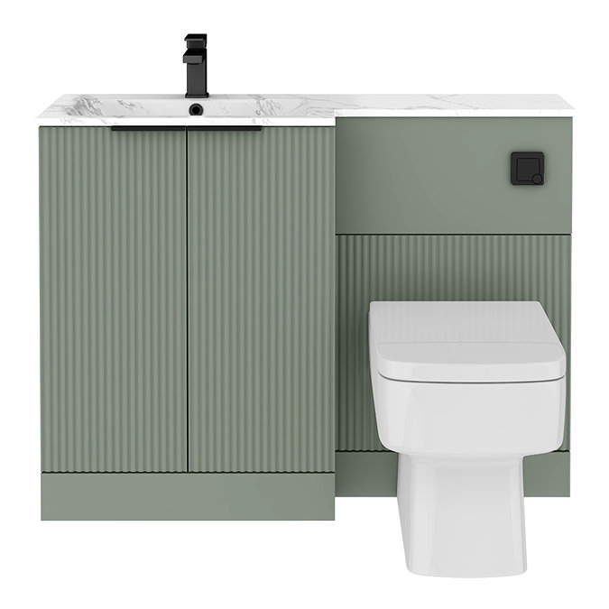 Venice Fluted 1100mm Green Combination Unit with Carrera Marble Basin - Matt Black Handles & Flush, Square Pan
