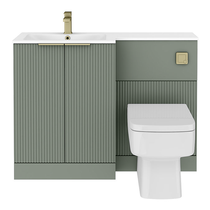 Venice Fluted 1100mm Green Combination Unit with Matt White Stone Basin - Brushed Brass Handles & Flush, Square Pan