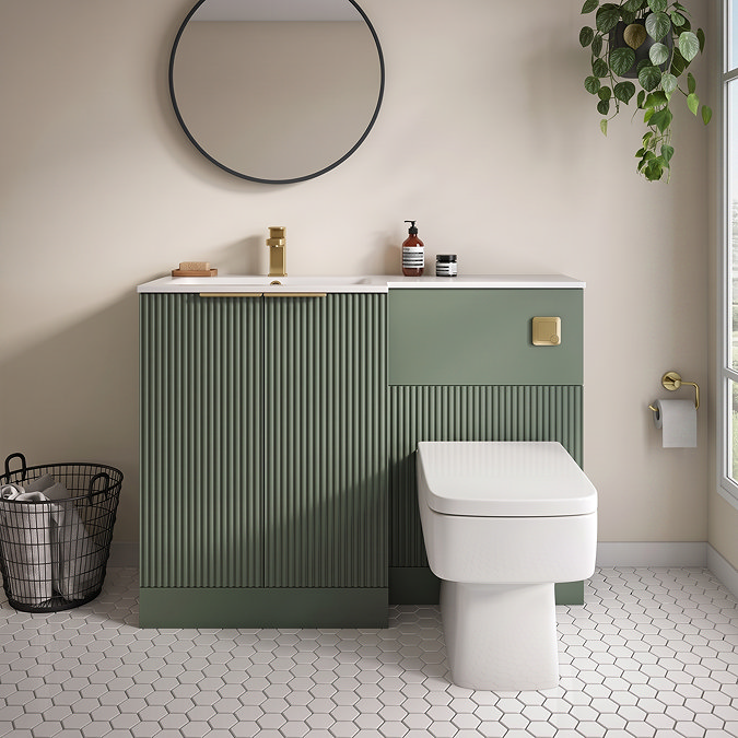 Venice Fluted 1100mm Green Combination Unit with Matt White Stone Basin - Brushed Brass Handles & Flush, Square Pan