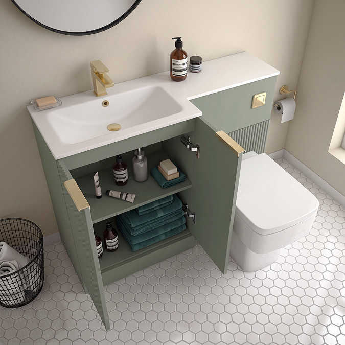 Venice Fluted 1100mm Green Combination Unit with Matt White Stone Basin - Brushed Brass Handles & Flush, Square Pan