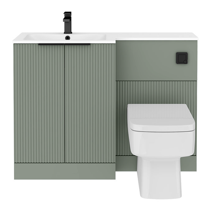 Venice Fluted 1100mm Green Combination Unit with Matt White Stone Basin - Matt Black Handles & Flush, Square Pan