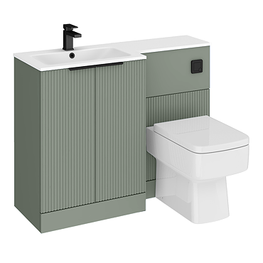 Venice Fluted 1100mm Green Combination Unit with Matt White Stone Basin - Matt Black Handles & Flush, Square Pan