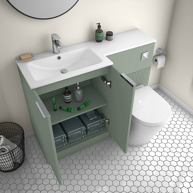 Venice Fluted 1100mm Green Combination Unit with Matt White Stone Basin, Round Pan & Chrome Flush