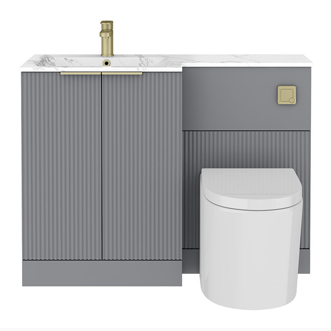 Venice Fluted 1100mm Grey Combination Unit with Carrera Marble Basin - Brushed Brass Handles & Flush, Round Pan